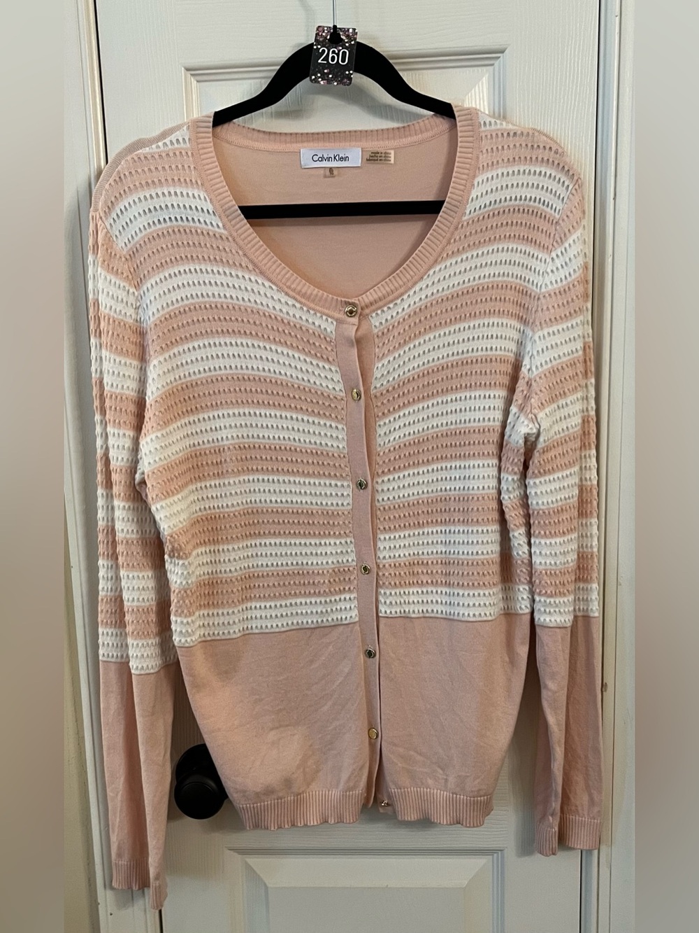Calvin Klein Blush Pink and White Striped Button-Front Cardigan